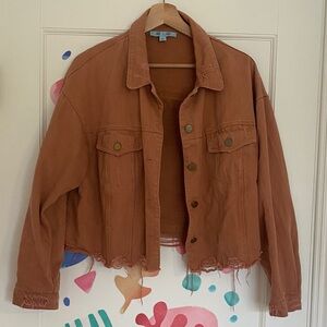 Gorgeous rust brown 100% cotton frayed distressed denim like jacket